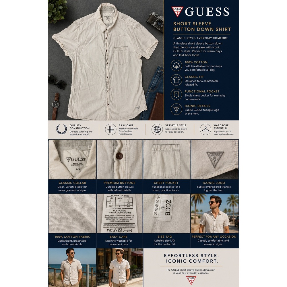 Guess Mens White Short Sleeve Button Down Shirt X42H01W5FN0 Cotton Size L